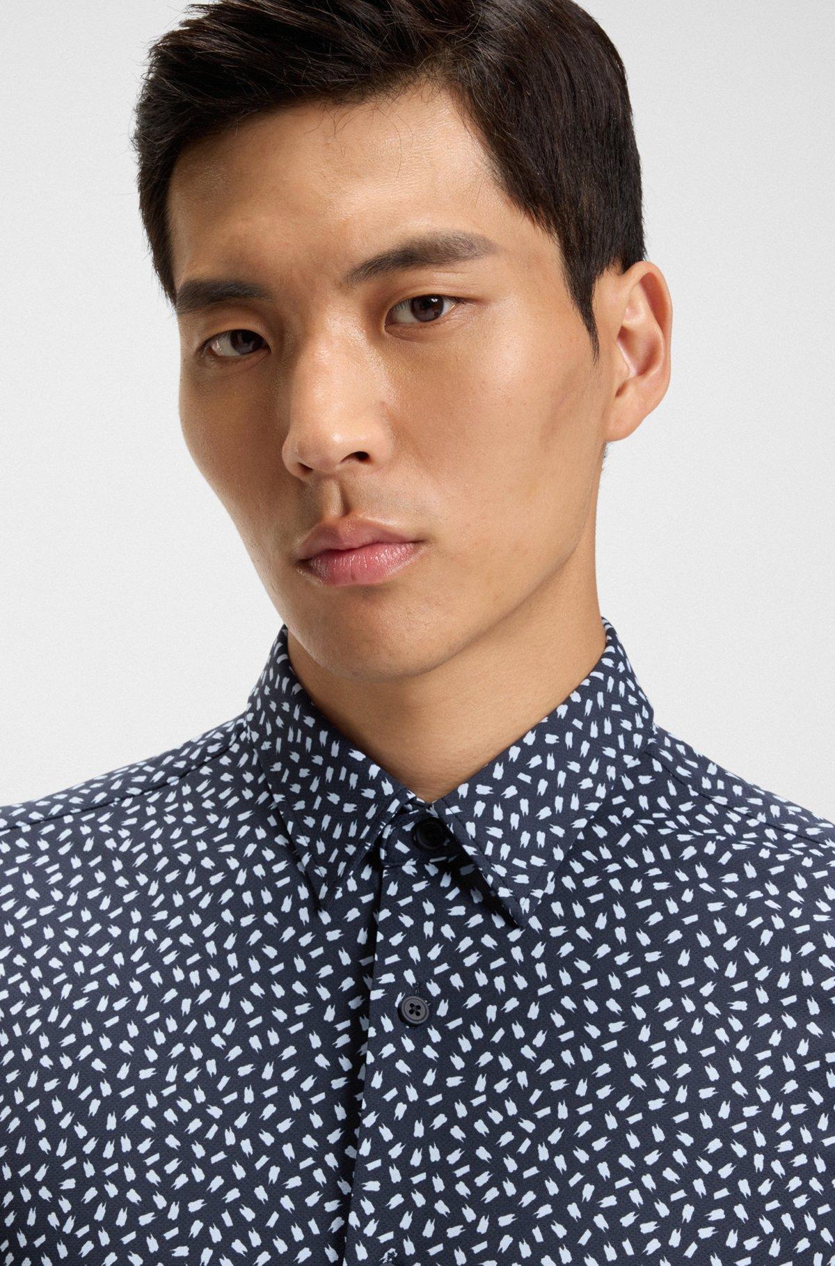 BOSS - Slim-fit shirt in printed performance-stretch Italian fabric - Dark Blue Product Image