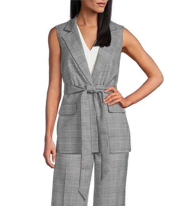 Kasper Plaid Notch Collar Sleeveless Belted Button Front Vest Product Image