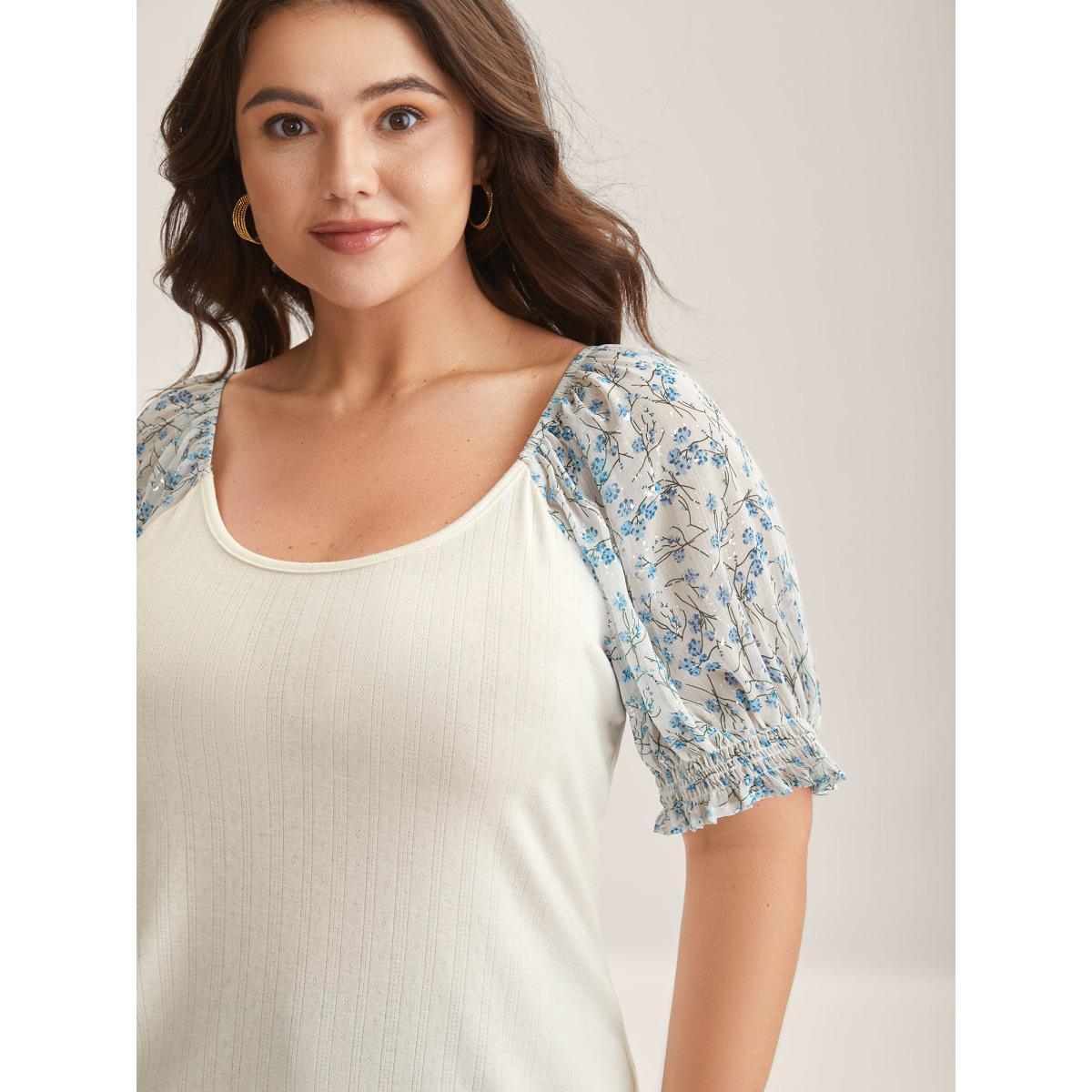 Plus Size Floral Puff Sleeve Textured T-Shirt Beige Women Timeless Texture U-neck Elegant T-shirts BloomChic 28/5X Product Image