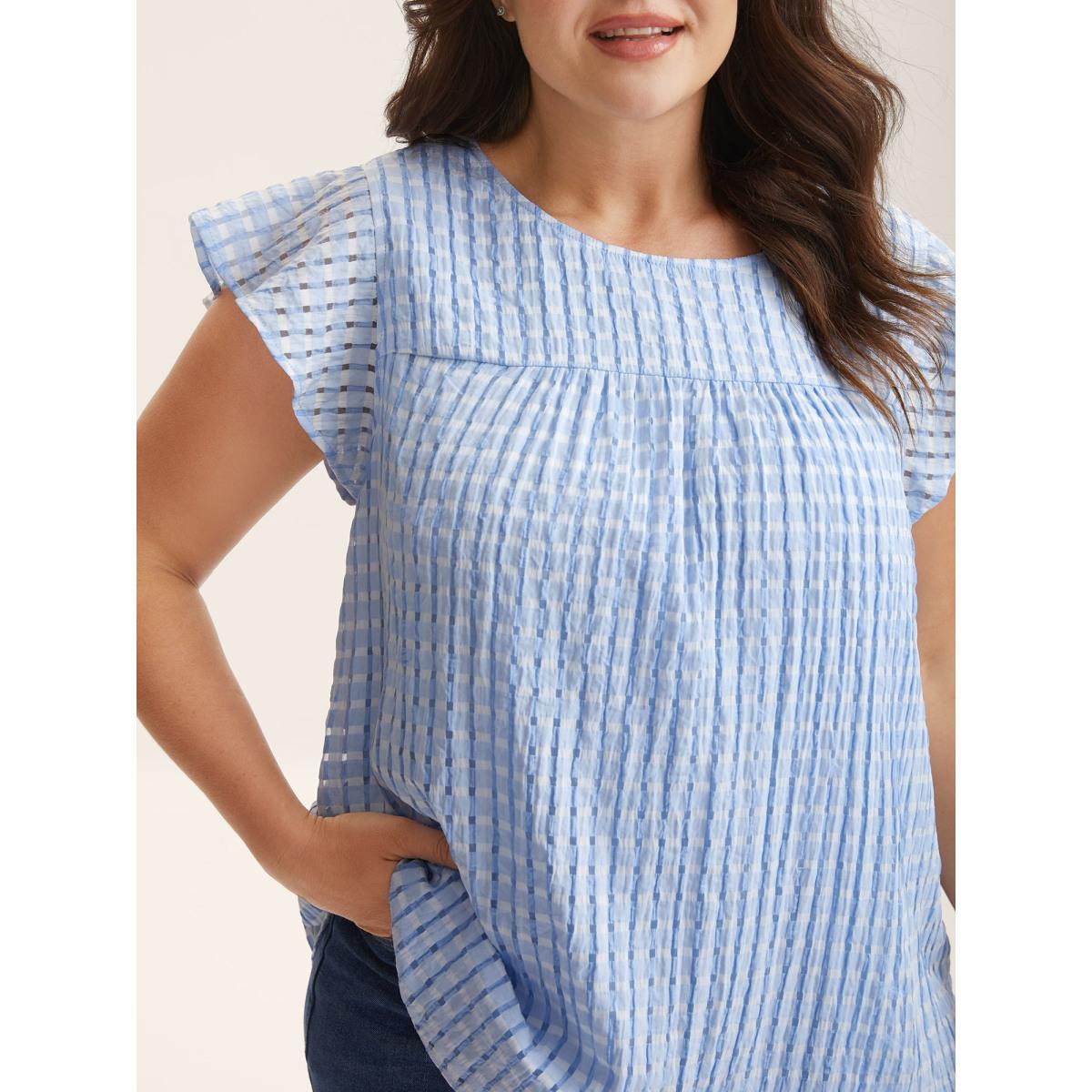 Plus Size LightBlue Textured Sheer Lined Flutter Sleeve Blouse Women Leisure Cap Sleeve Round Neck Casual Blouses BloomChic 30/6X Product Image