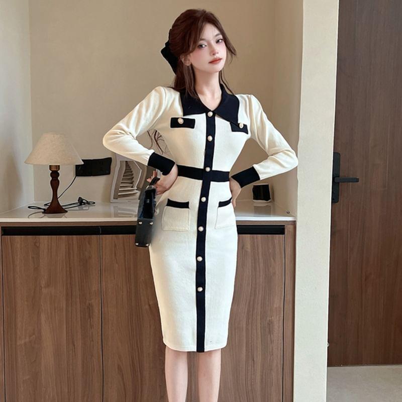 Long-Sleeve Collared Two Tone Knit Midi Sheath Dress Product Image