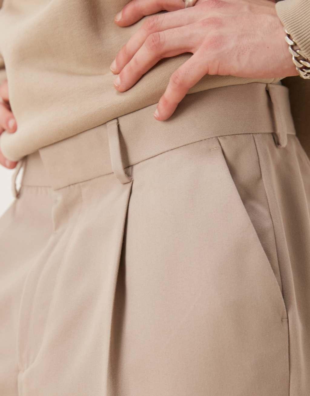 ASOS DESIGN smart oversized tapered pants with front pleat in stone Product Image