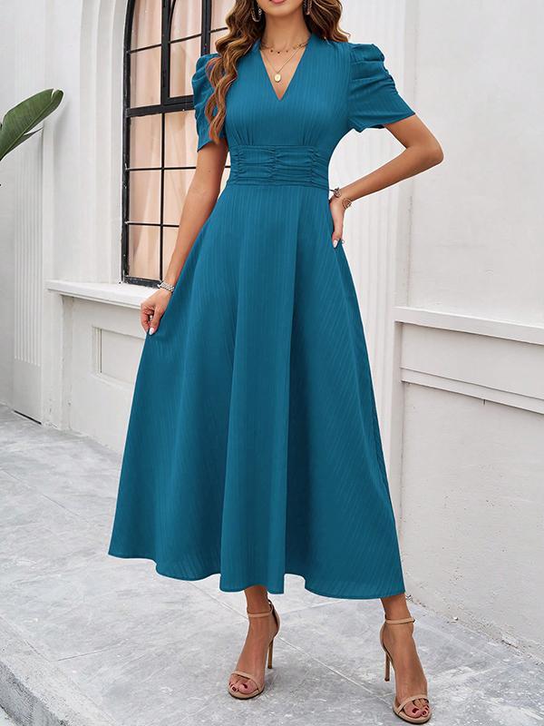 A-Line High Waisted Pleated Solid Color Zipper V-Neck Maxi Dresses Product Image
