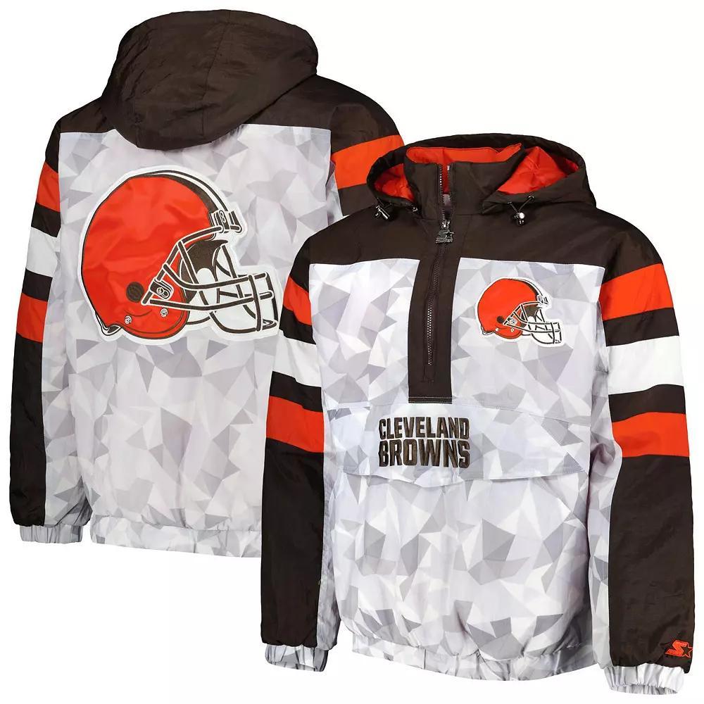 Men's Starter White/Brown Cleveland Browns Thursday Night Gridiron Raglan Half-Zip Hooded Jacket, Size: Large Product Image
