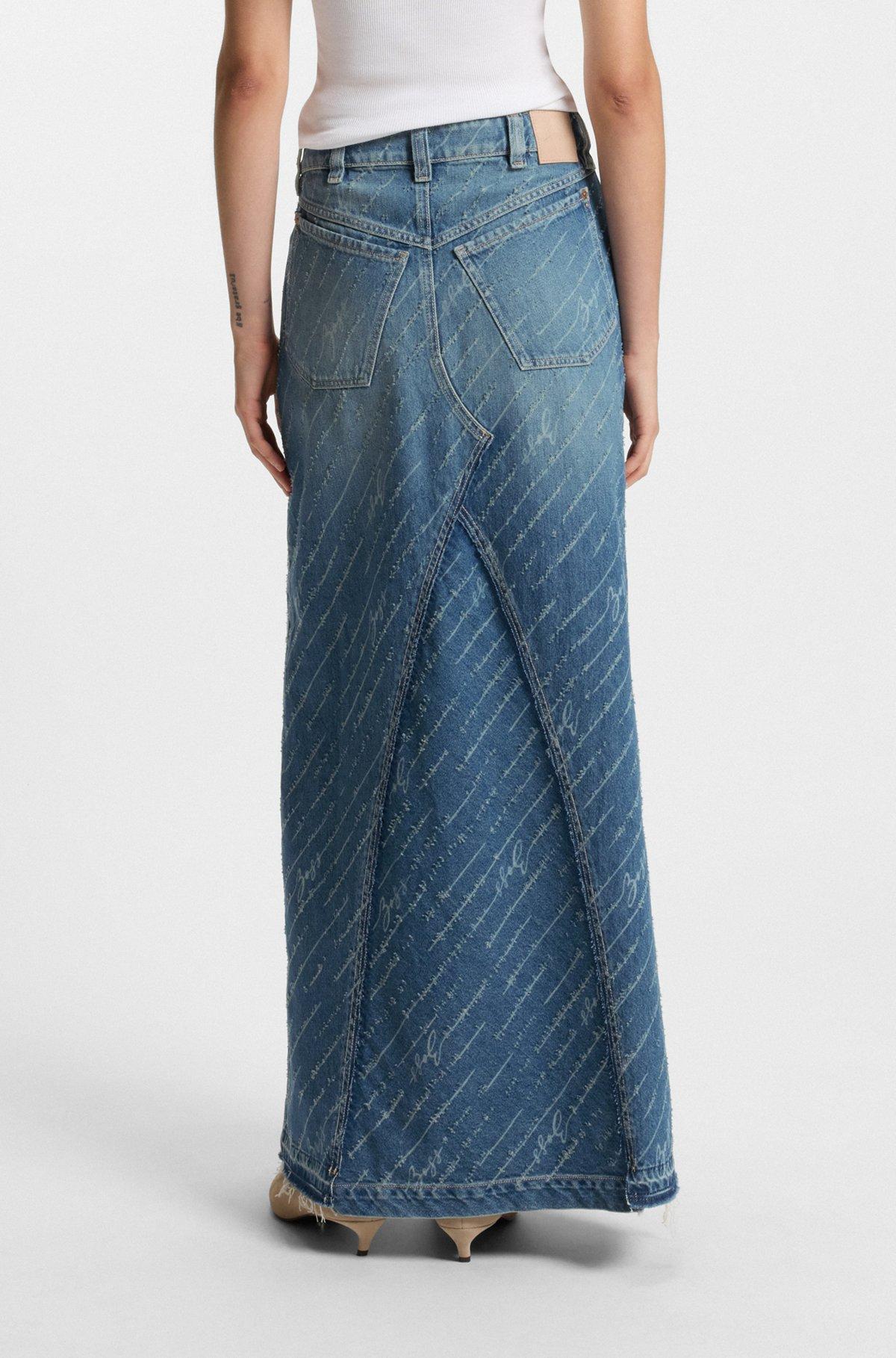Denim skirt with logo pinstripe pattern and front slit Product Image