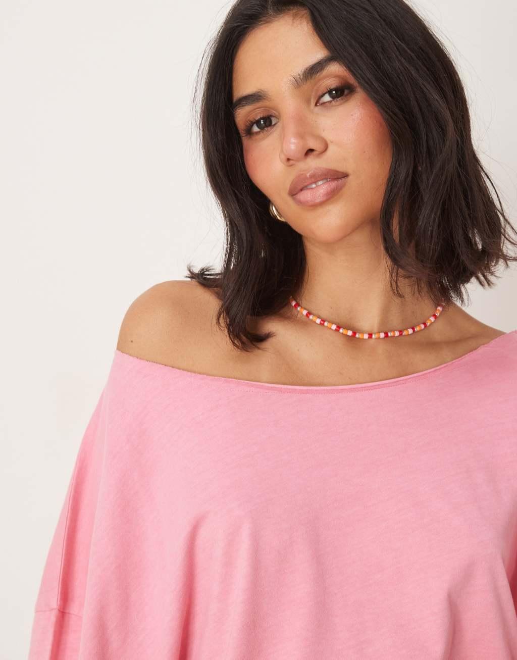 ASOS DESIGN slouchy off the shoulder oversized tee in washed pink Product Image