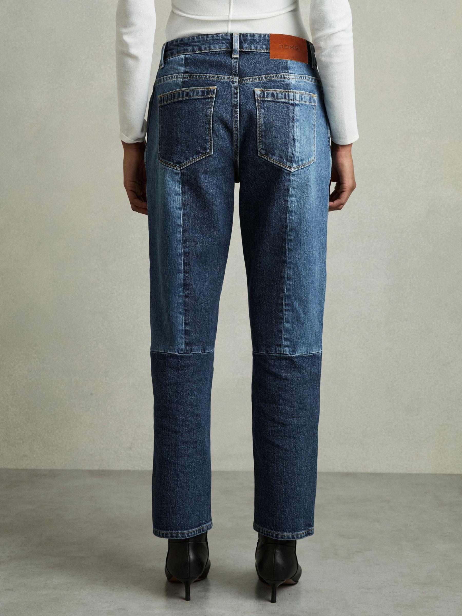 Petite Straight-Leg Patchwork Jeans in Mid Blue Product Image