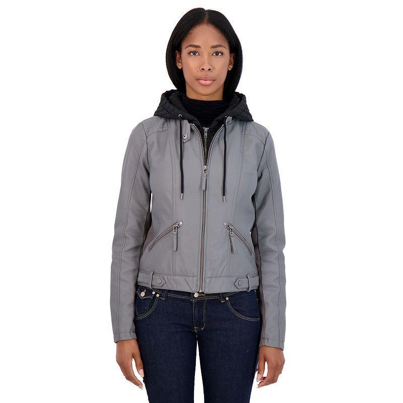 Women's Sebby Collection Hooded Faux-Leather Racing Jacket, Size: Medium, Gray Product Image