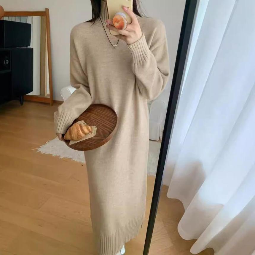 Mock Neck Plain Midi Sweater Dress Product Image