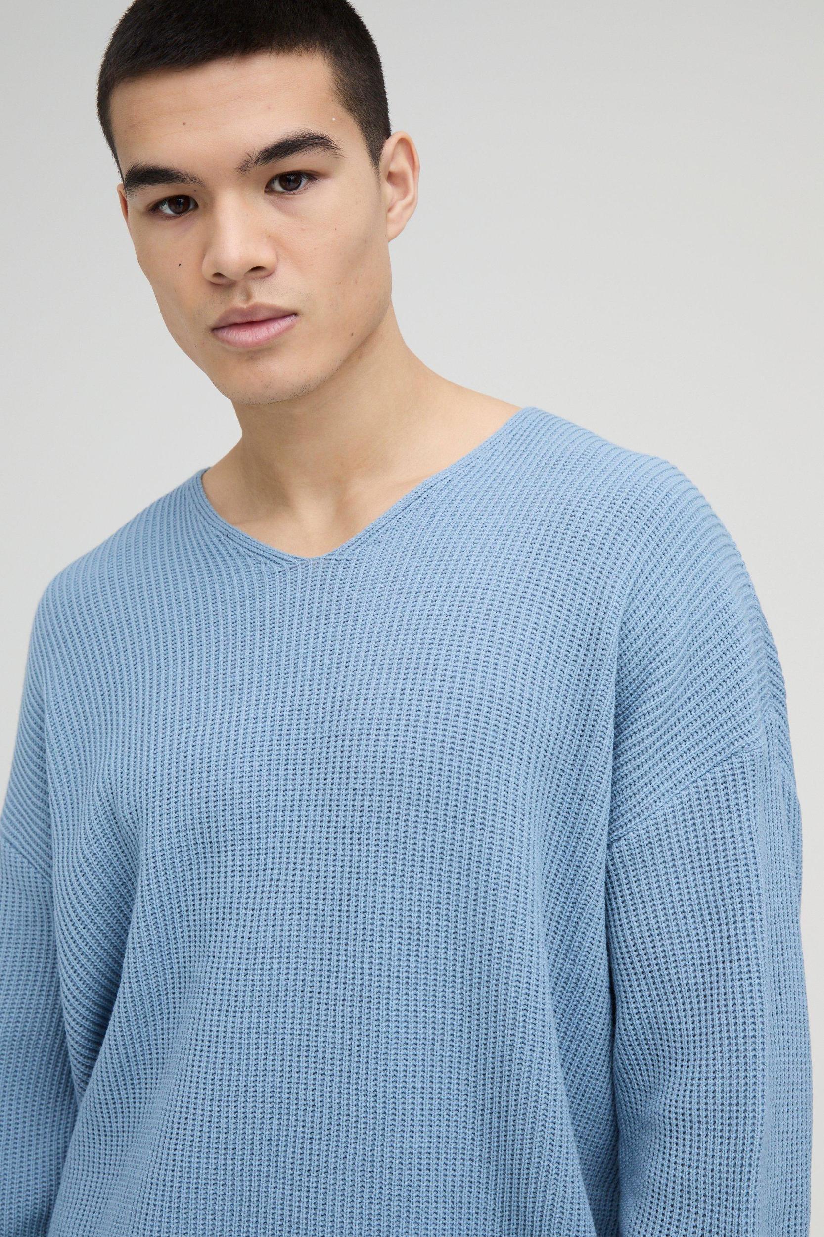 Oversized Dropped Shoulder Ribbed V Neck Knit Sweater | boohooMAN USA Product Image