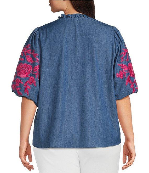 Calessa Plus Size Embroidered Elbow Sleeve Split V-Neck Tunic Product Image