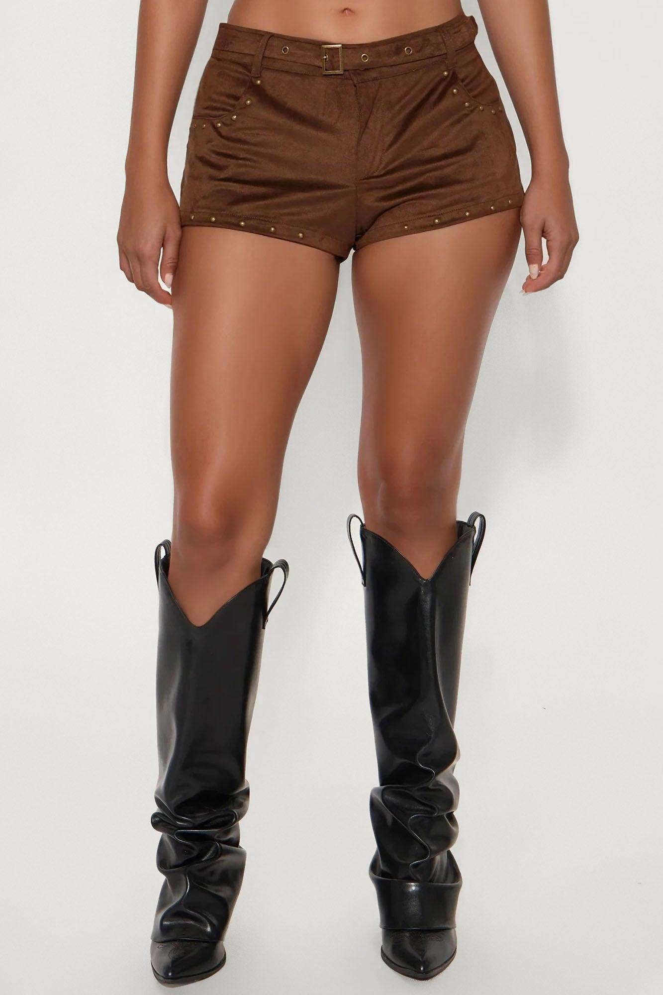 I″m With The Band Studded Suede Micro Short - Brown Female Product Image