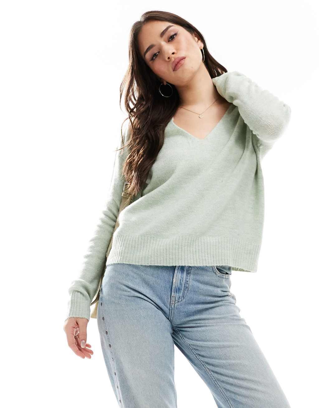 JDY v neck long sleeve knit sweater in light green Product Image