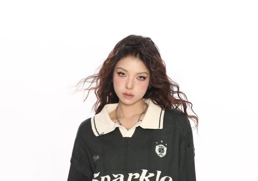 Drop Shoulder Polo Collar Lettering Oversized Sweater Product Image