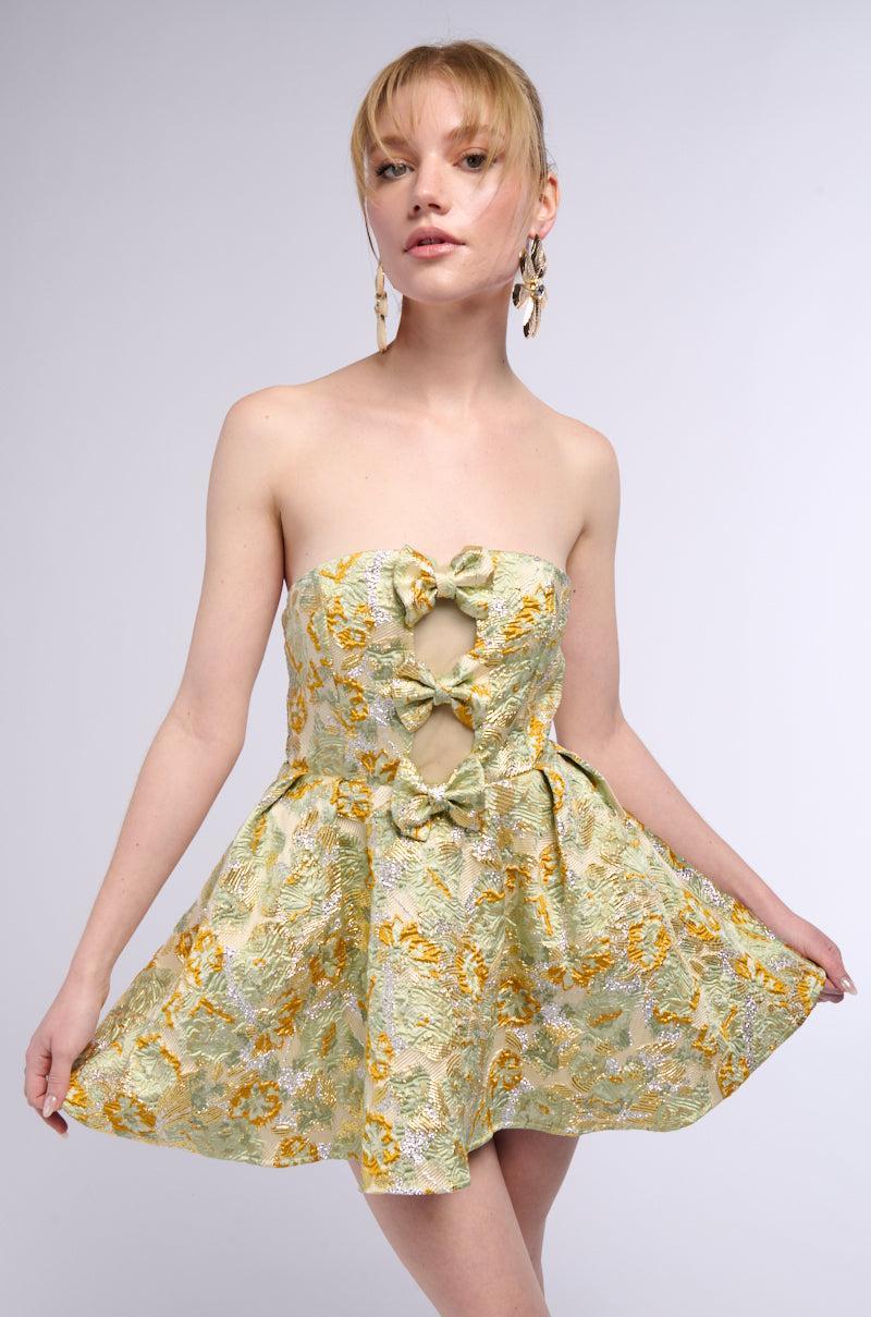 BELLE OF THE BALL BROCADE MINI DRESS IN GREEN MULTI Product Image