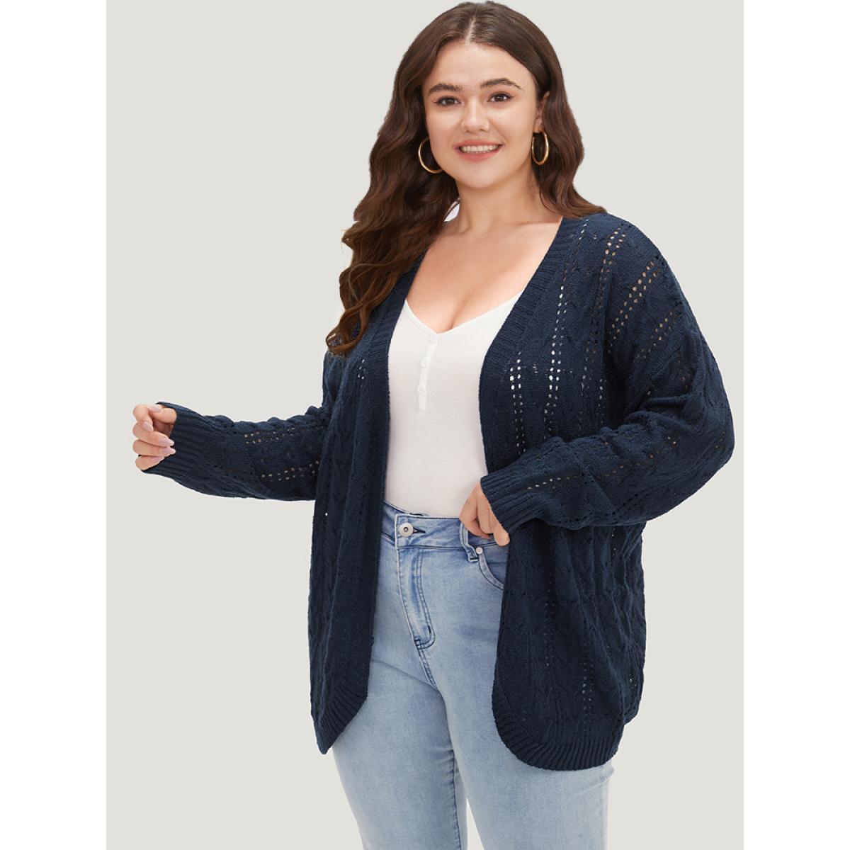 Plus Size Plain Eyelet Curved Hem Drop Shoulder Cardigan Indigo Women Casual Loose Long Sleeve Everyday Cardigans BloomChic 14-16/1X Product Image