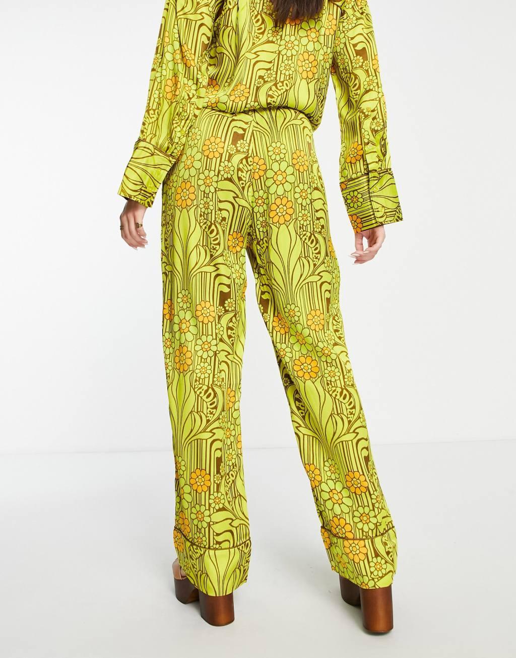 Damson Madder poly satin pants in retro yellow floral - part of a set Product Image