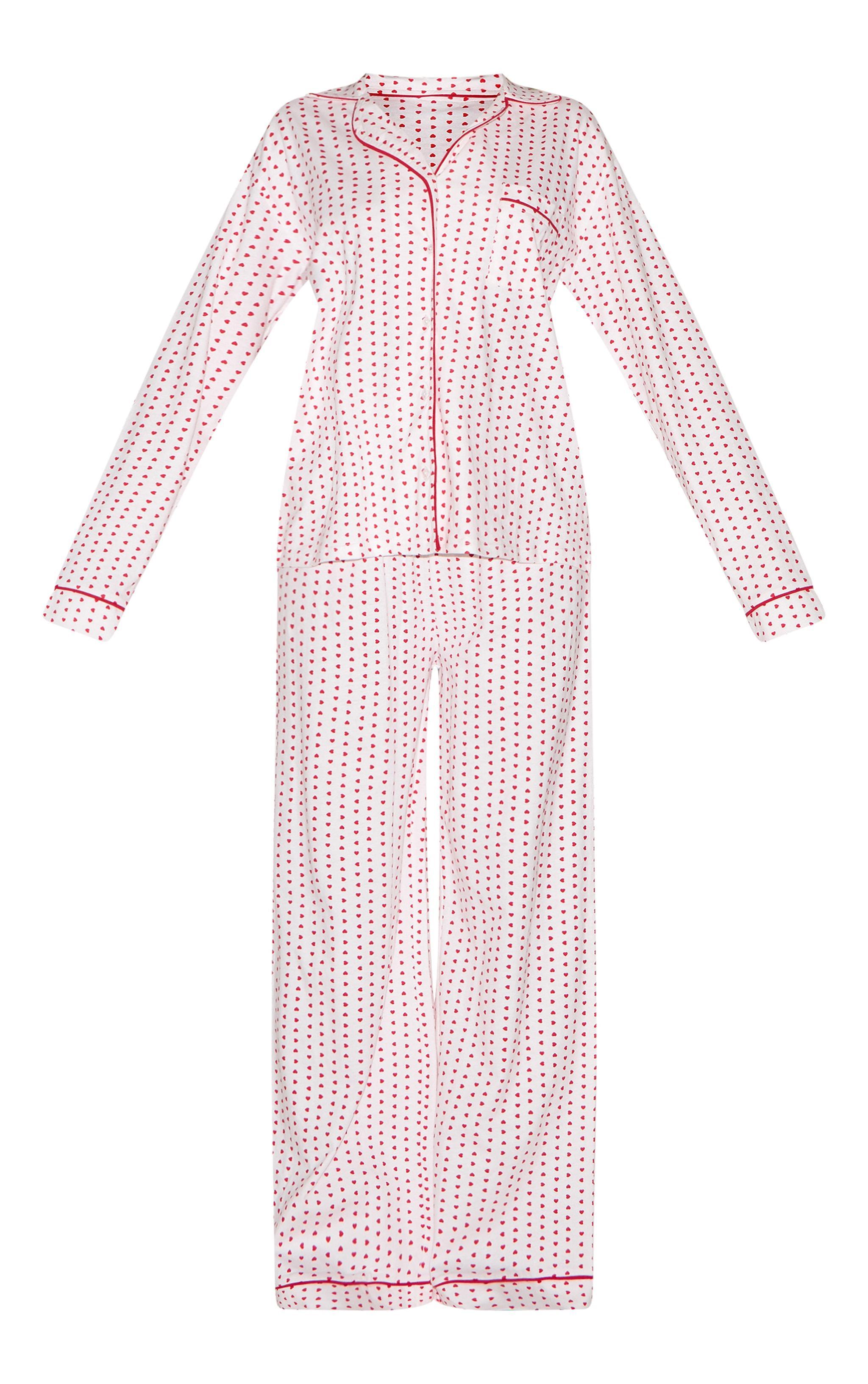 White Heart Print Jersey Piping Long Pj Set Product Image