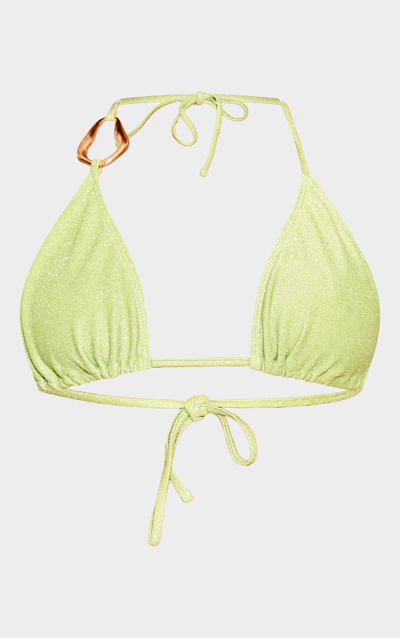 Green Lurex Trim Detail Triangle Bikini Top Product Image