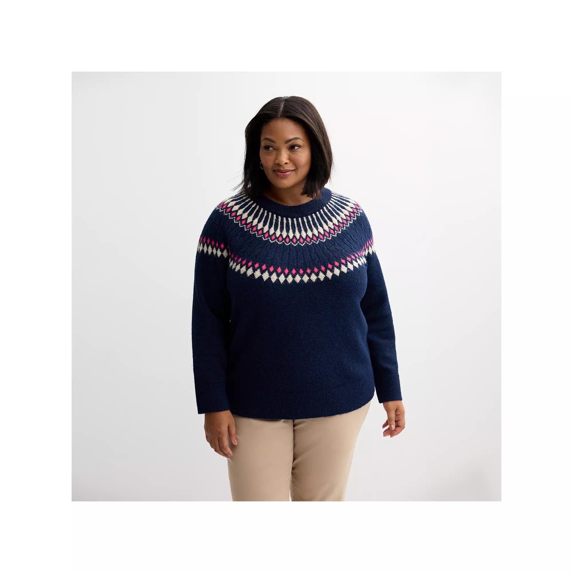 Plus Size Croft & Barrow® Fairisle Ringer Pullover Sweater, Women's, Size: 3XL, Blue Diamond Yoke Product Image