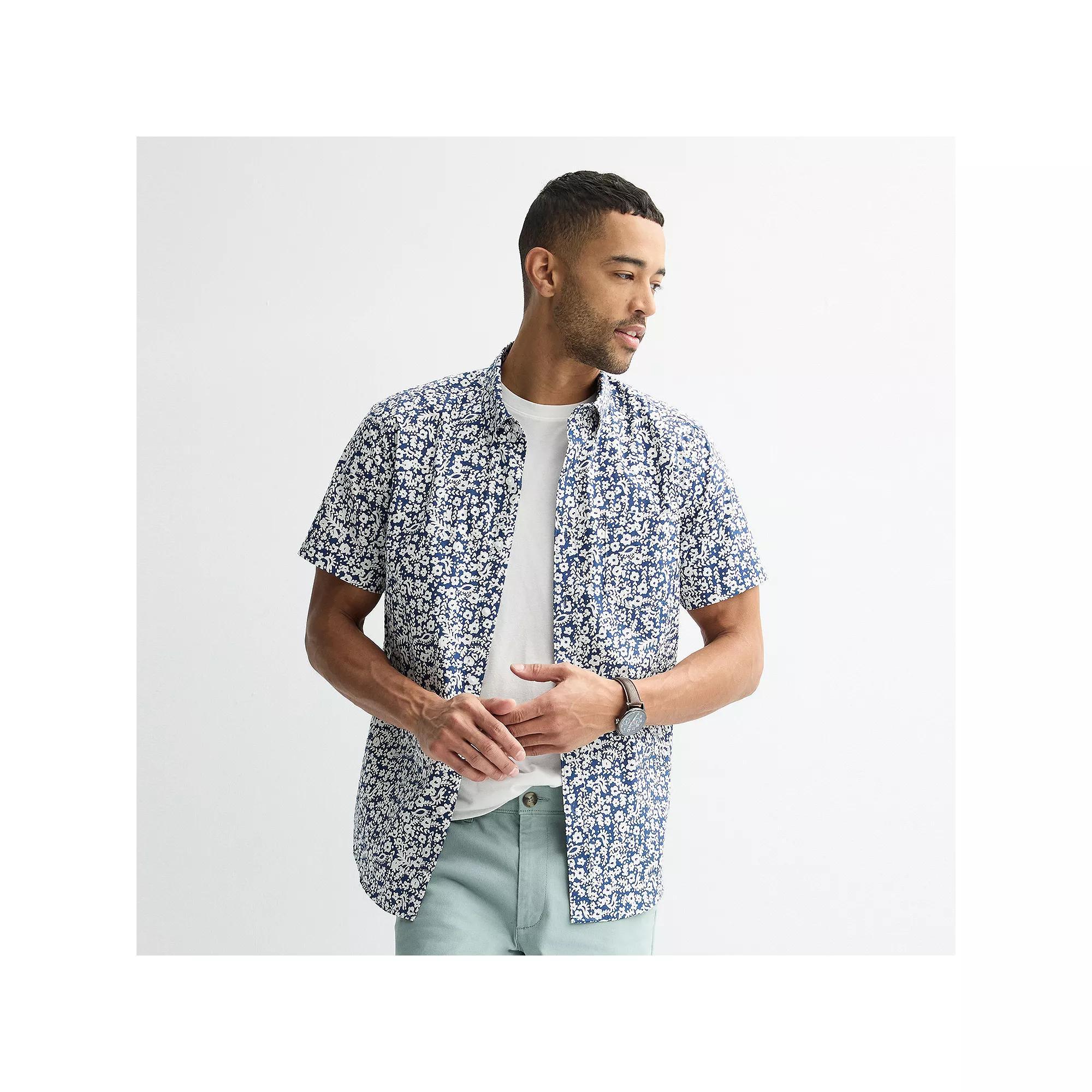 Men's Sonoma Goods For Life® Short Sleeve Perfect Length Button Down Shirt, Size: Large, Palm Party Blue Product Image