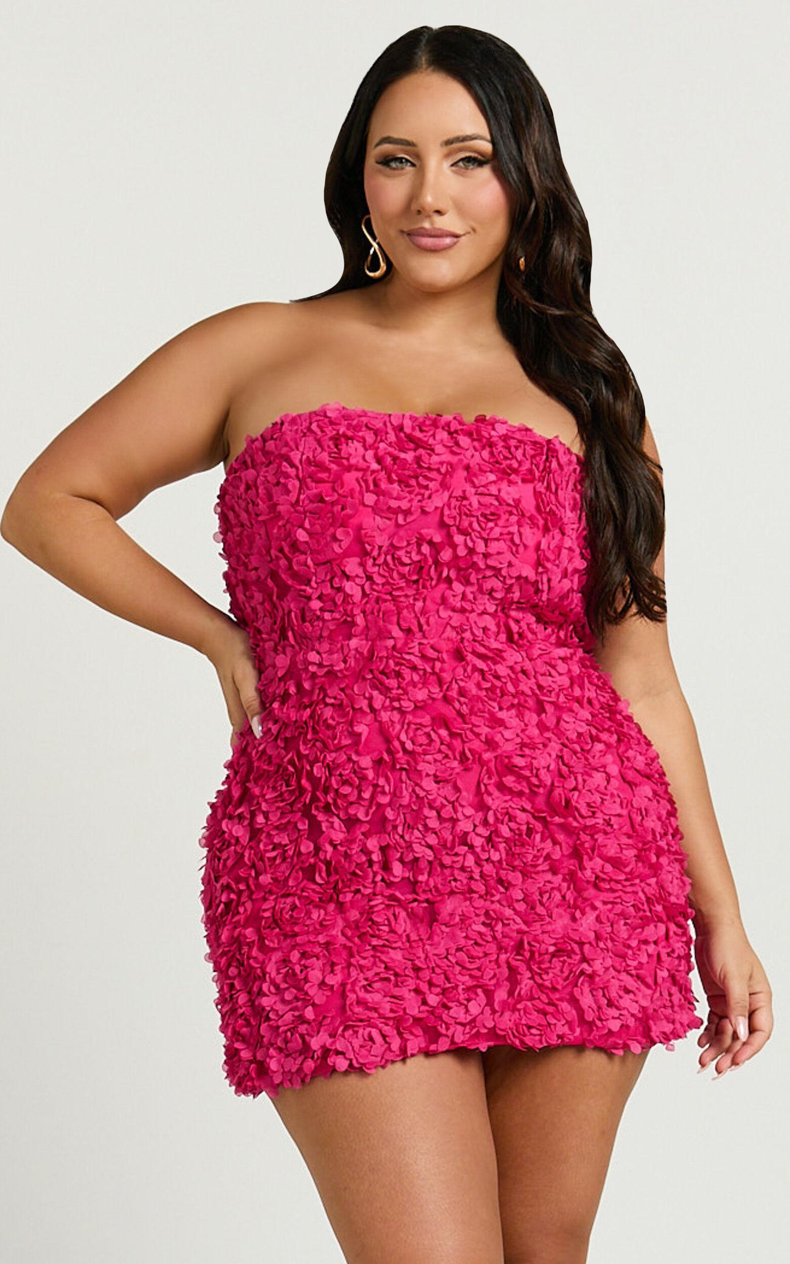 Cassia Mini Dress - Strapless 3D Floral Lace Up Back Dress in Pink Product Image