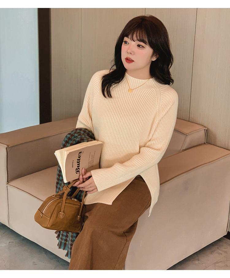 Mock Neck Plain Slit Ribbed Sweater Product Image