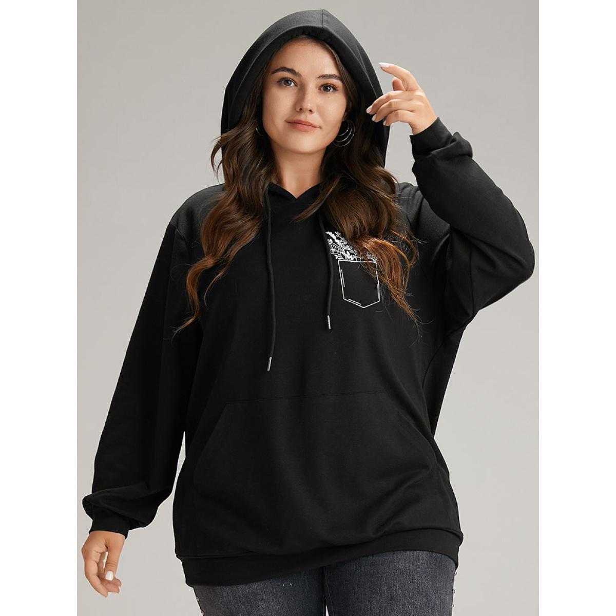 Plus Size Floral Print Pocket Hooded Drawstring Sweatshirt Women Black Casual Elastic cuffs Dailywear Sweatshirts BloomChic 14-16/1X Product Image