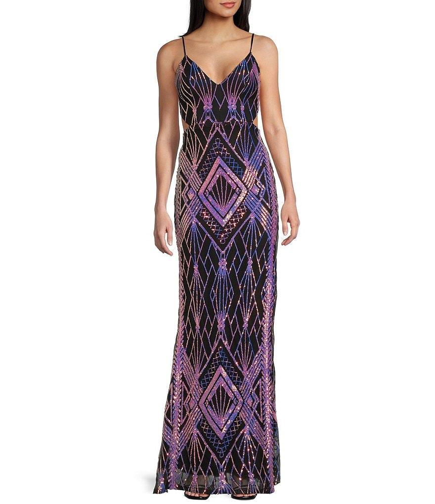 Honey and Rosie Patterned Sequin V-Neck Spaghetti Strap Tie Back Fitted Mermaid Gown Product Image