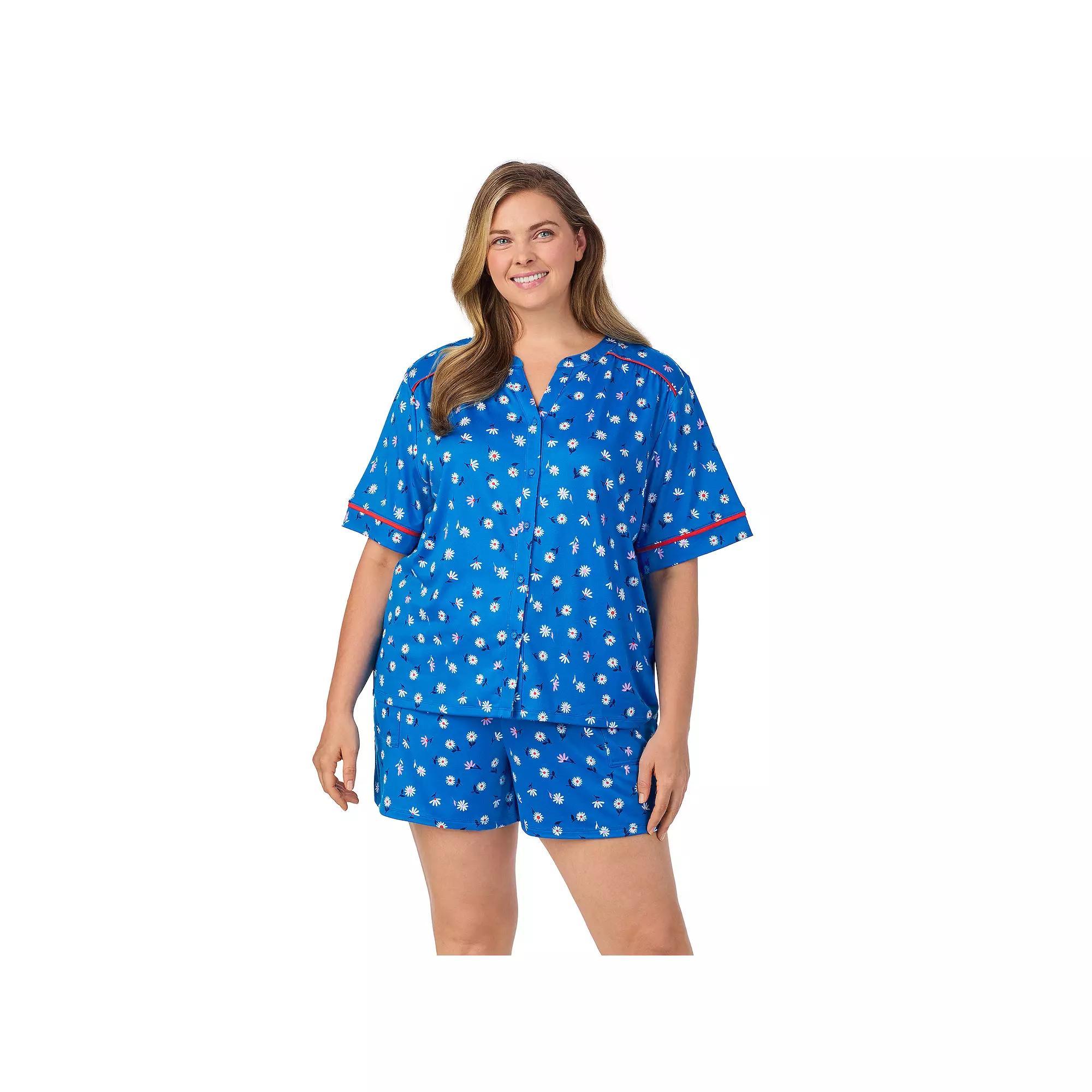 Plus Size Cuddl Duds® Short Sleeve Split Neck Pajama Top & Pajama Shorts Set, Women's, Size: 1XL, Blue Daisy Product Image