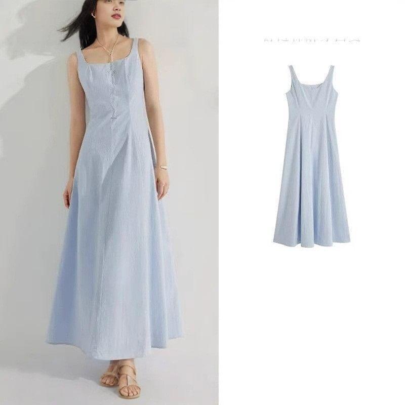 Sleeveless Square Neck Plain Midi A-Line Dress Product Image