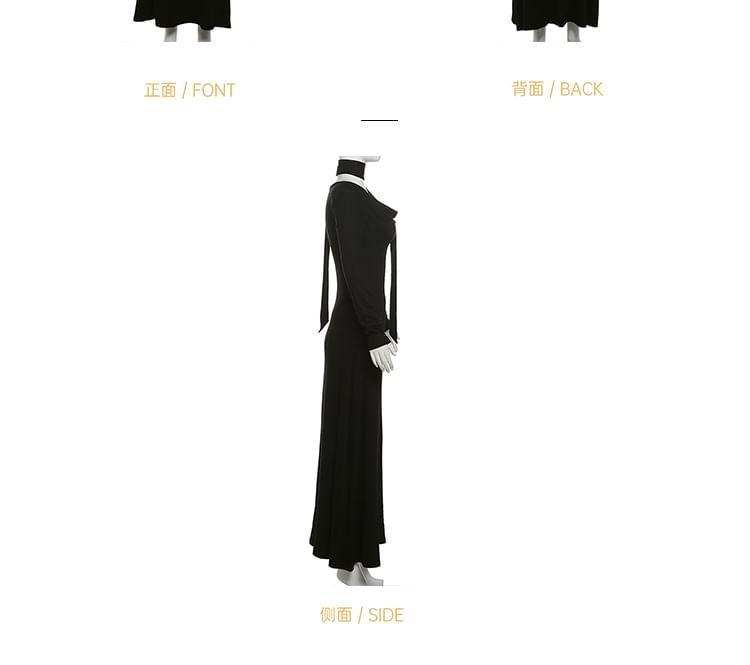 Long-Sleeve Cowl Neck Plain Maxi A-Line Dress Product Image