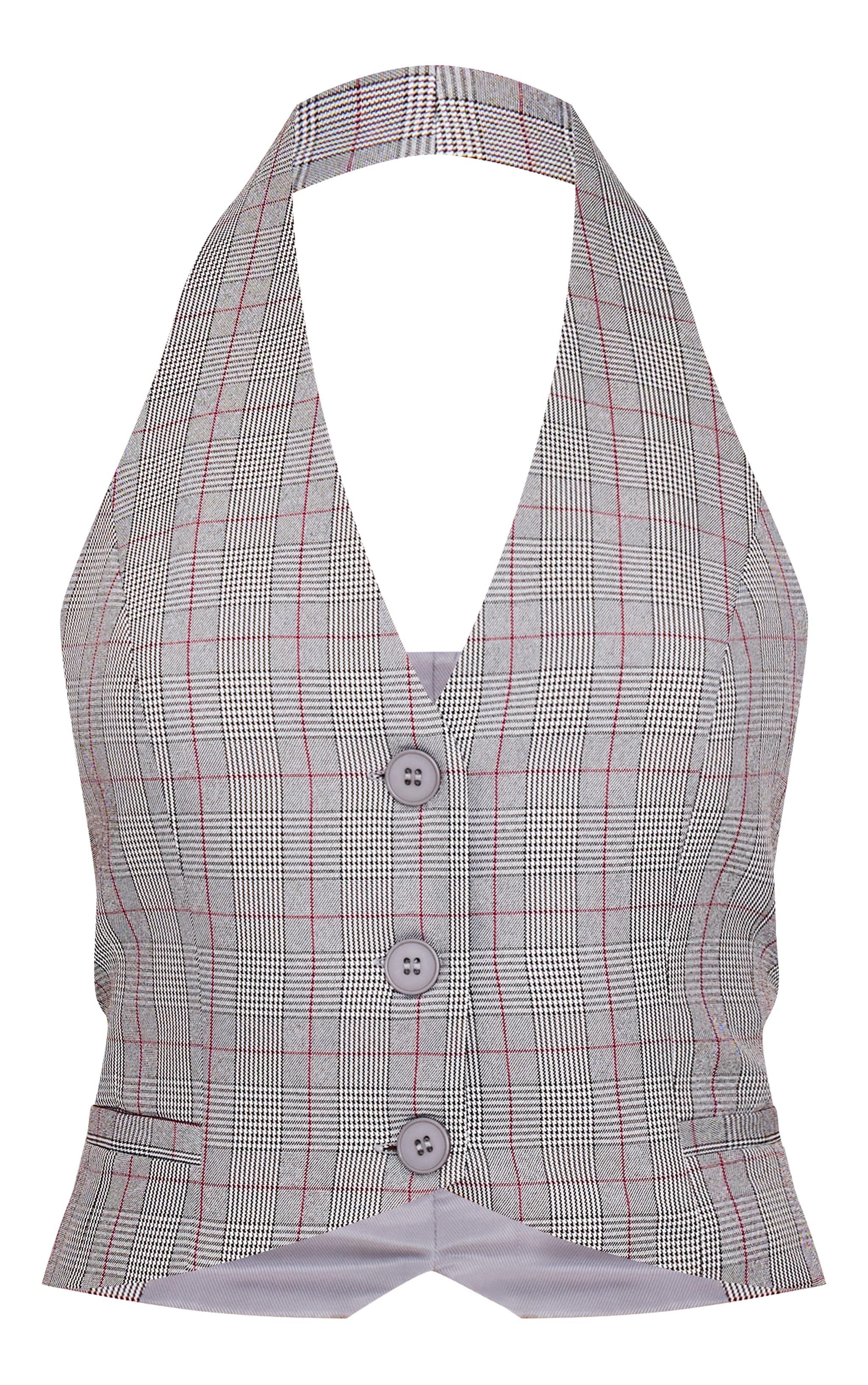 Grey Check Print Woven Tailored Halterneck Vest Product Image