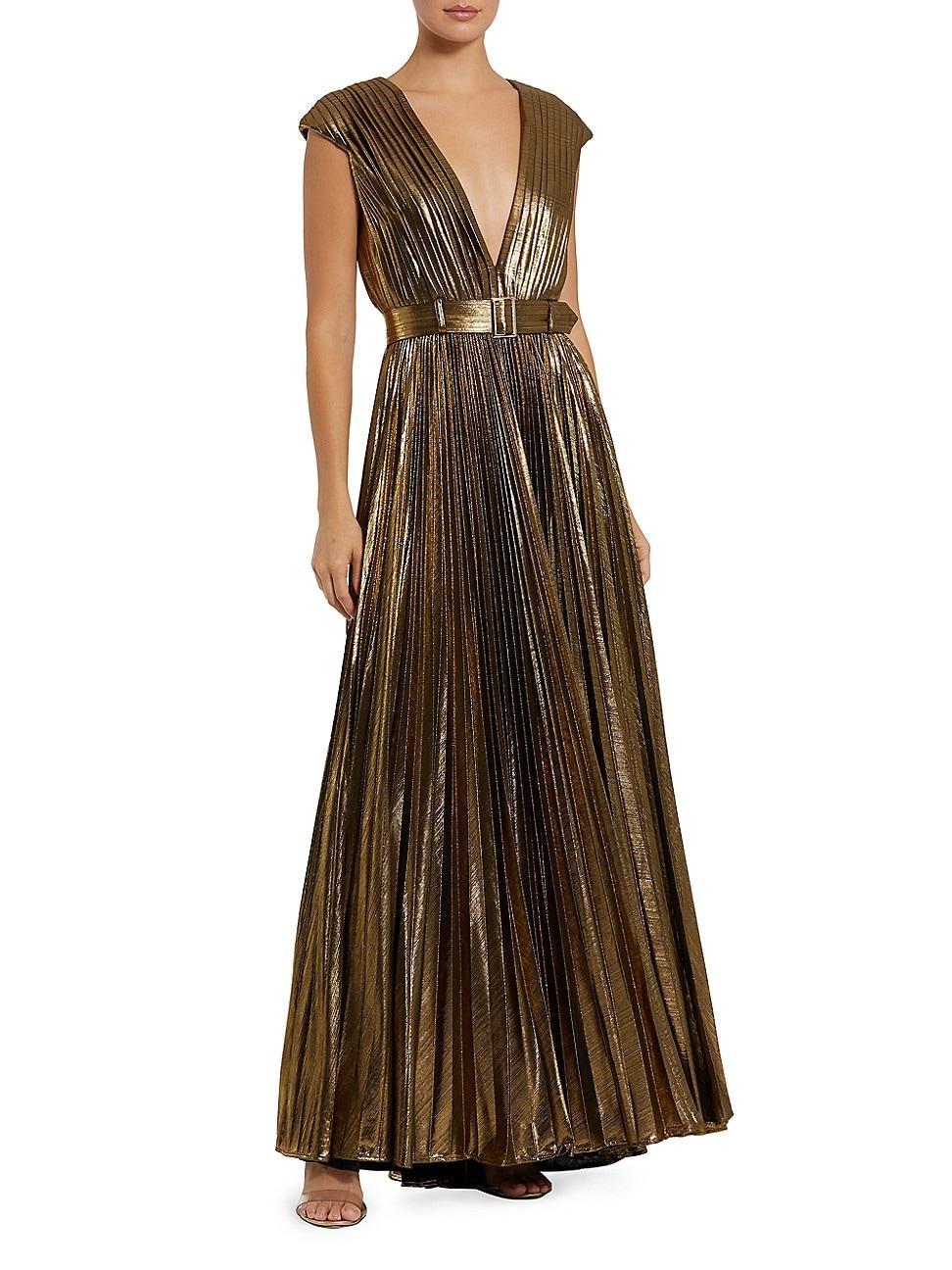 Womens Metallic Pleated Belted A-Line Gown Product Image