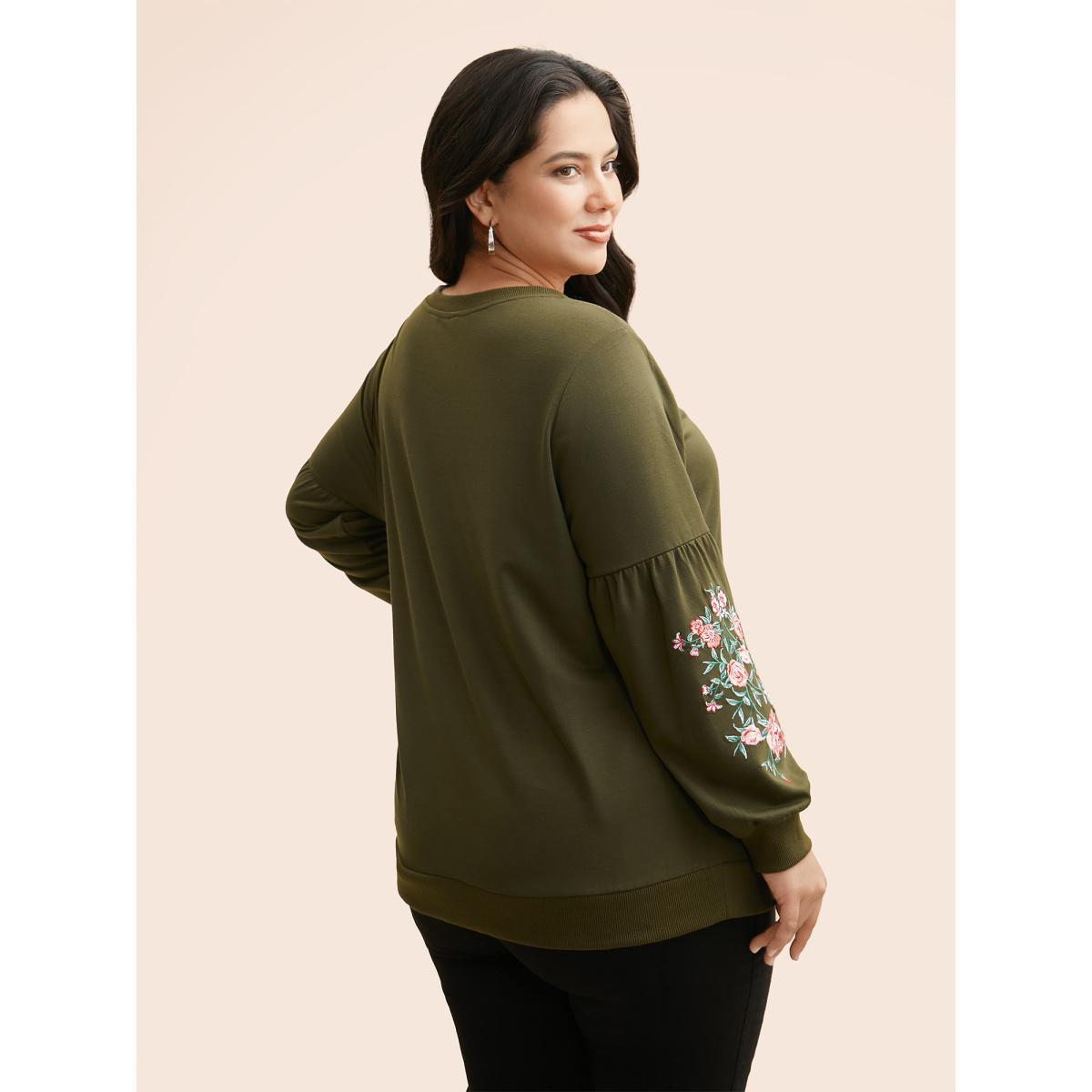 Plus Size Floral Embroidered Crew Neck Gathered Sweatshirt Women ArmyGreen Casual Embroidered Round Neck Everyday Sweatshirts BloomChic 26/4X Product Image
