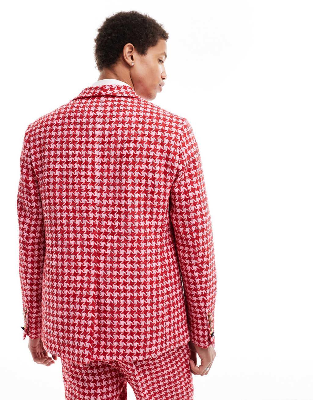 Twisted Tailor houndstooth slim suit jacket in red and pink Product Image