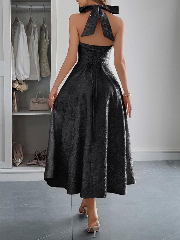 A-Line High Waisted Backless Drawstring Jacquard Pleated Solid Color Tied Deep V-Neck Midi Dresses Product Image