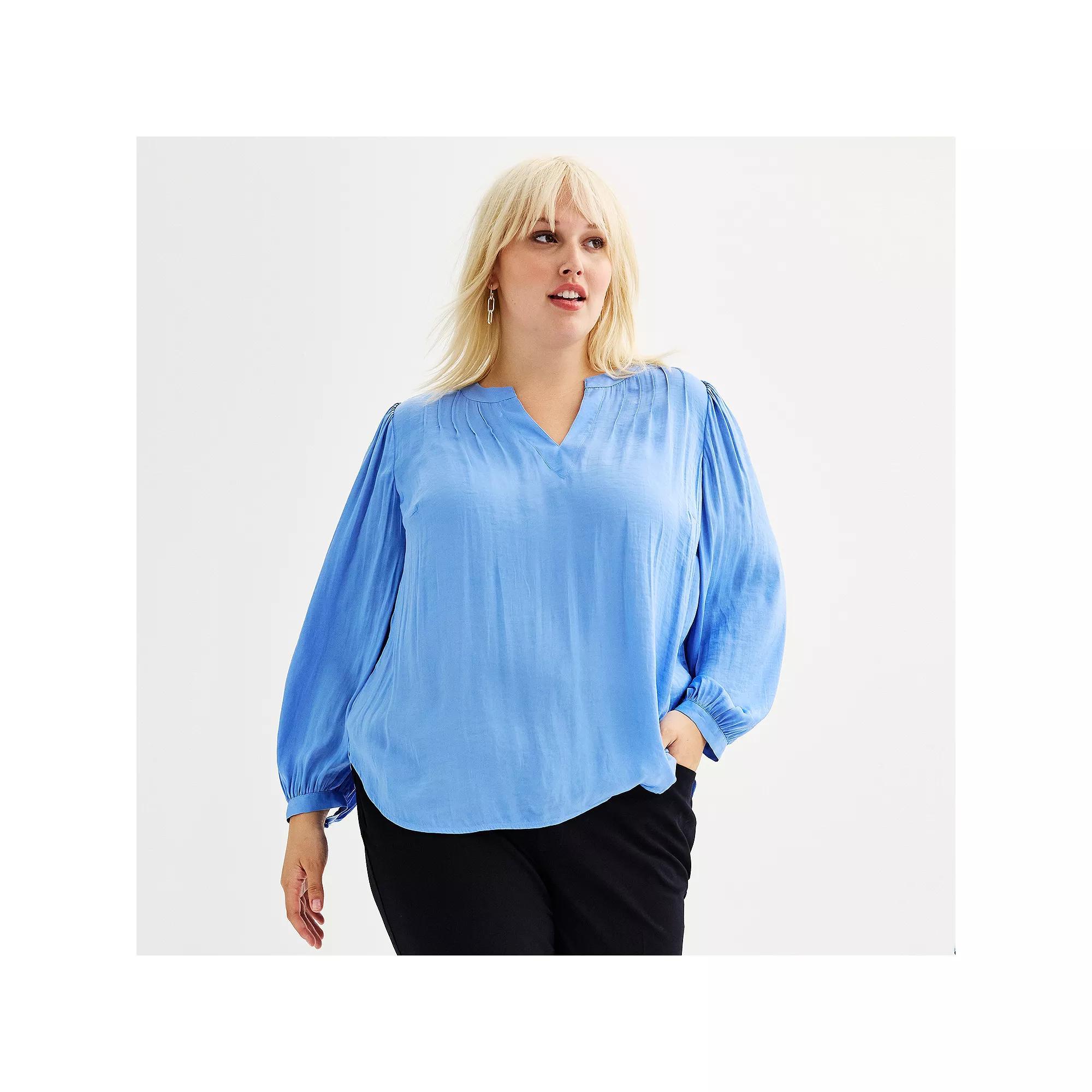 Plus Size Nine West Y-Neck Pintuck Satin Blouse, Women's, Size: 0X, Bea Blue Product Image