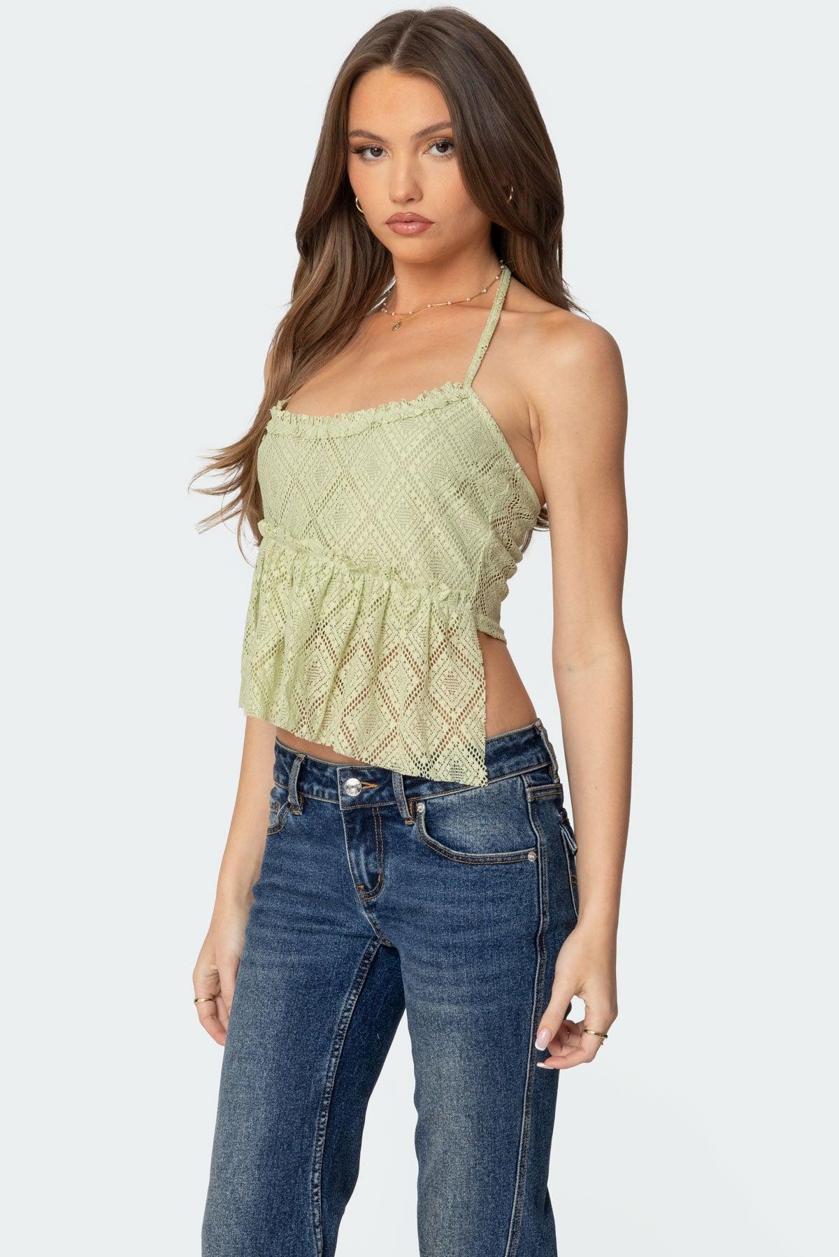 Asymmetric Sheer Lace Halter Top Product Image