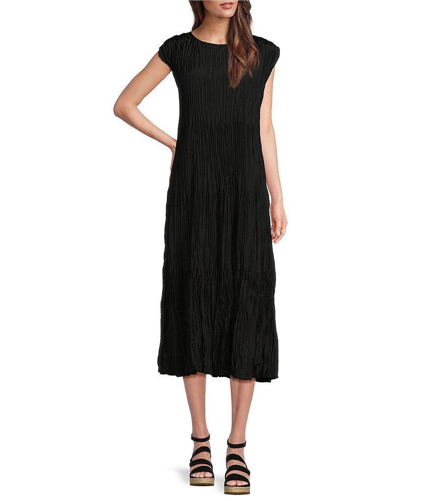 Eileen Fisher Silk Crew Neck Cap Sleeve Tiered Midi Dress Product Image