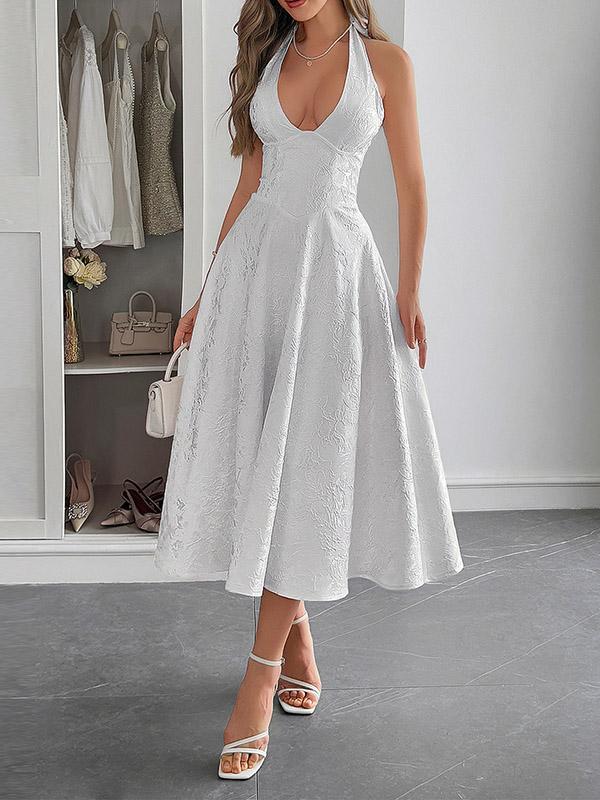 A-Line High Waisted Backless Drawstring Jacquard Pleated Solid Color Tied Deep V-Neck Midi Dresses Product Image