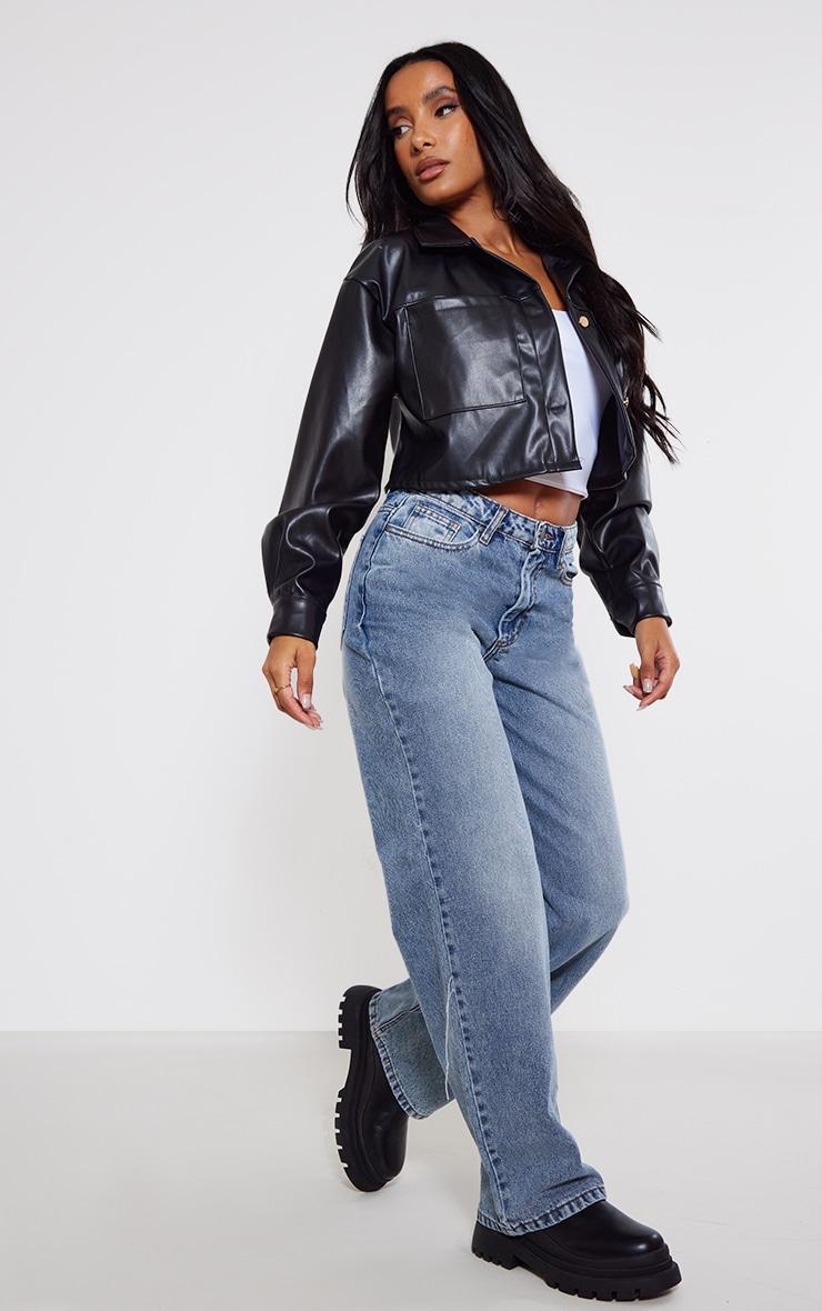 Black Faux Leather Pocket Detail Oversized Cropped Jacket Product Image