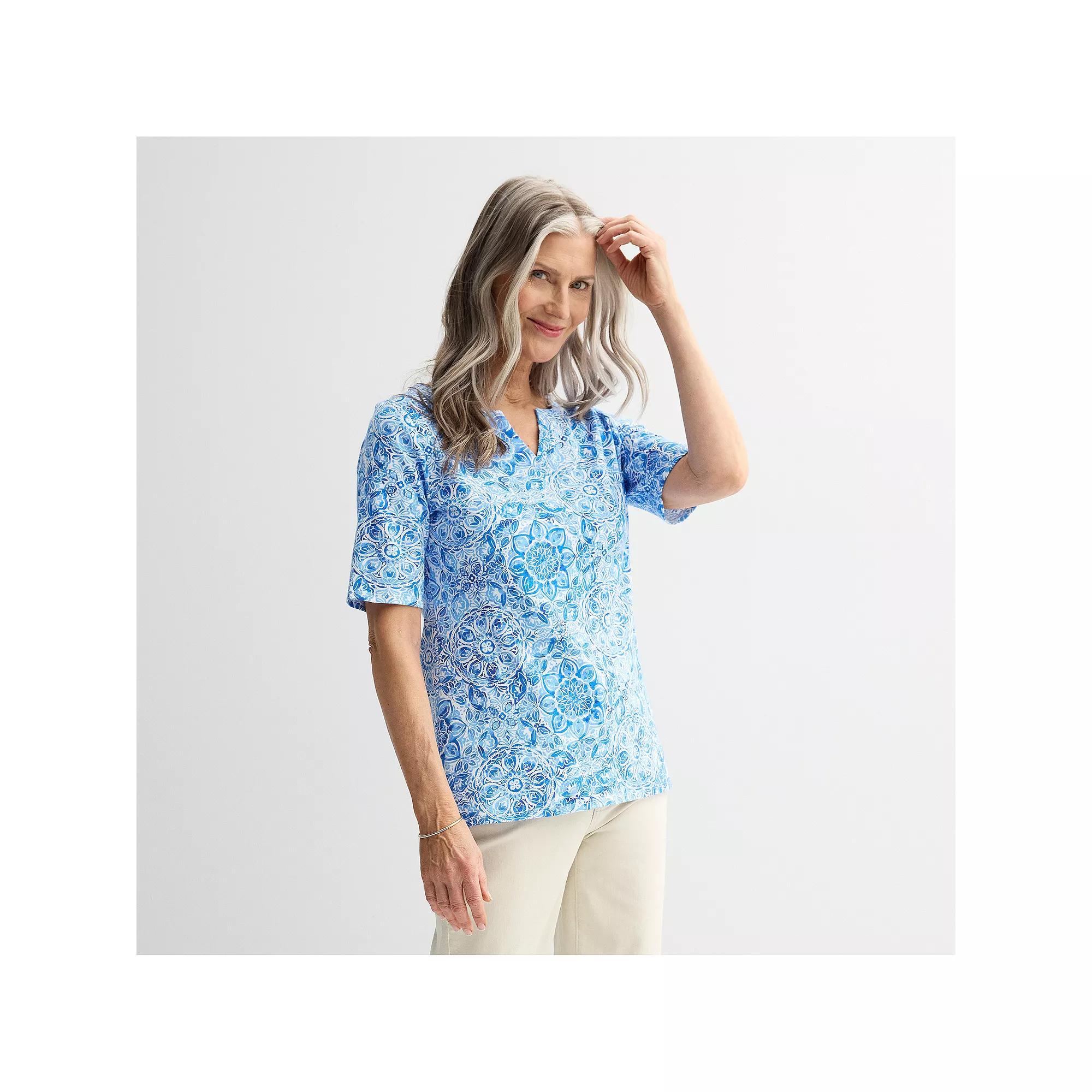 Petite Croft & Barrow® Elbow Sleeve Splitneck Top, Women's, Size: XS Petite, Blue Watercolor Tile Product Image