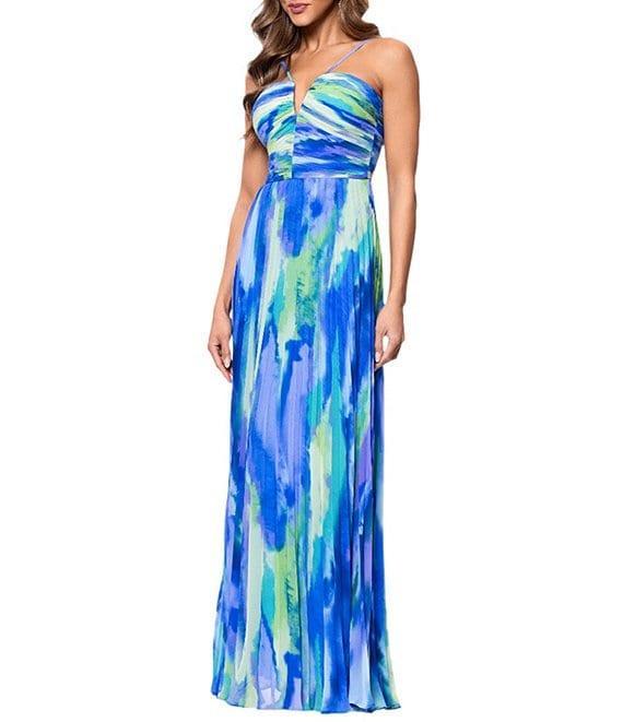 Xscape Abstract Print Pleated Chiffon Halter Neckline Sleeveless Maxi Dress Product Image