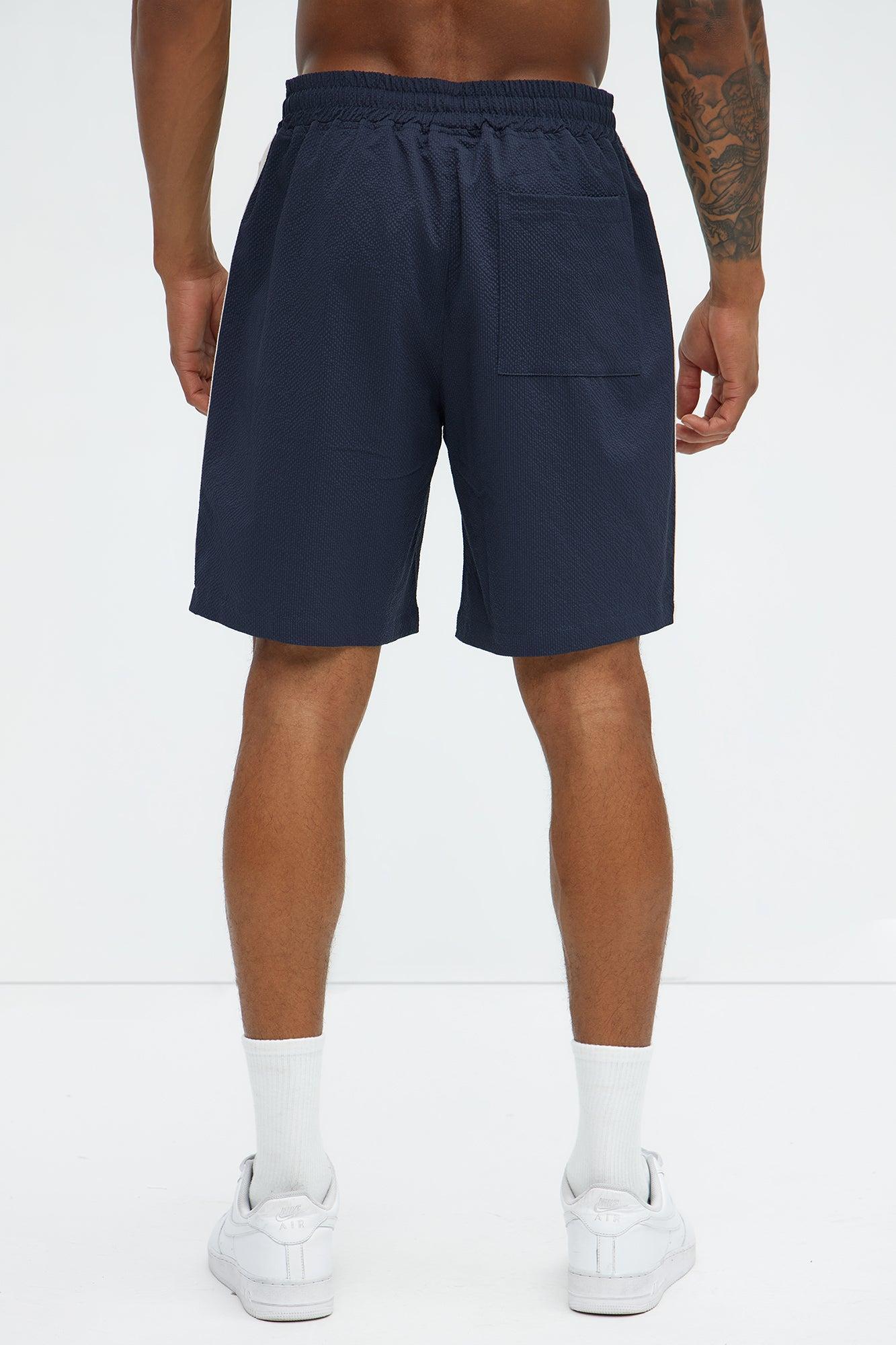 Crinkle Texture Taped Relaxed Shorts - Navy Product Image