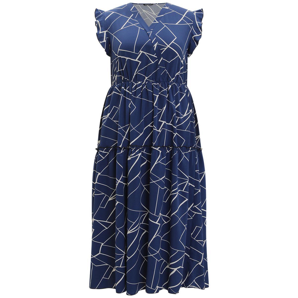 Plus Size Geometric Print Ruffle Cap Sleeve Wrap Layered Hem Dress Indigo Women Office Printed V-neck Cap Sleeve Curvy Long Dress BloomChic 30/6X Product Image
