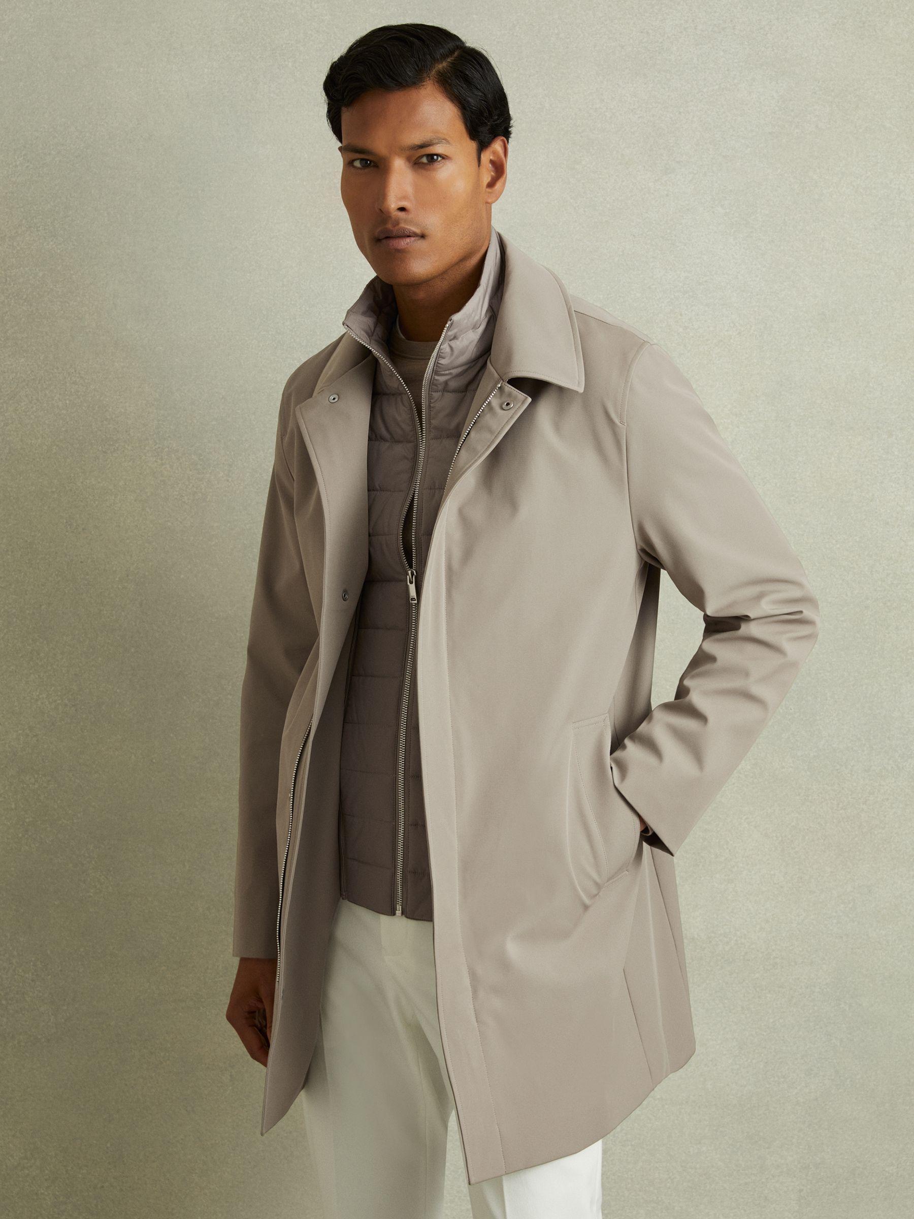 Hybrid Removable Funnel Neck Overcoat in Taupe Product Image