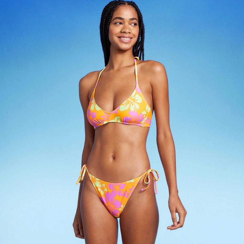 Women's Side-Tie Cheeky High Leg Bikini Bottom - Wild Fable™ Orange/Pink Floral Print L Product Image