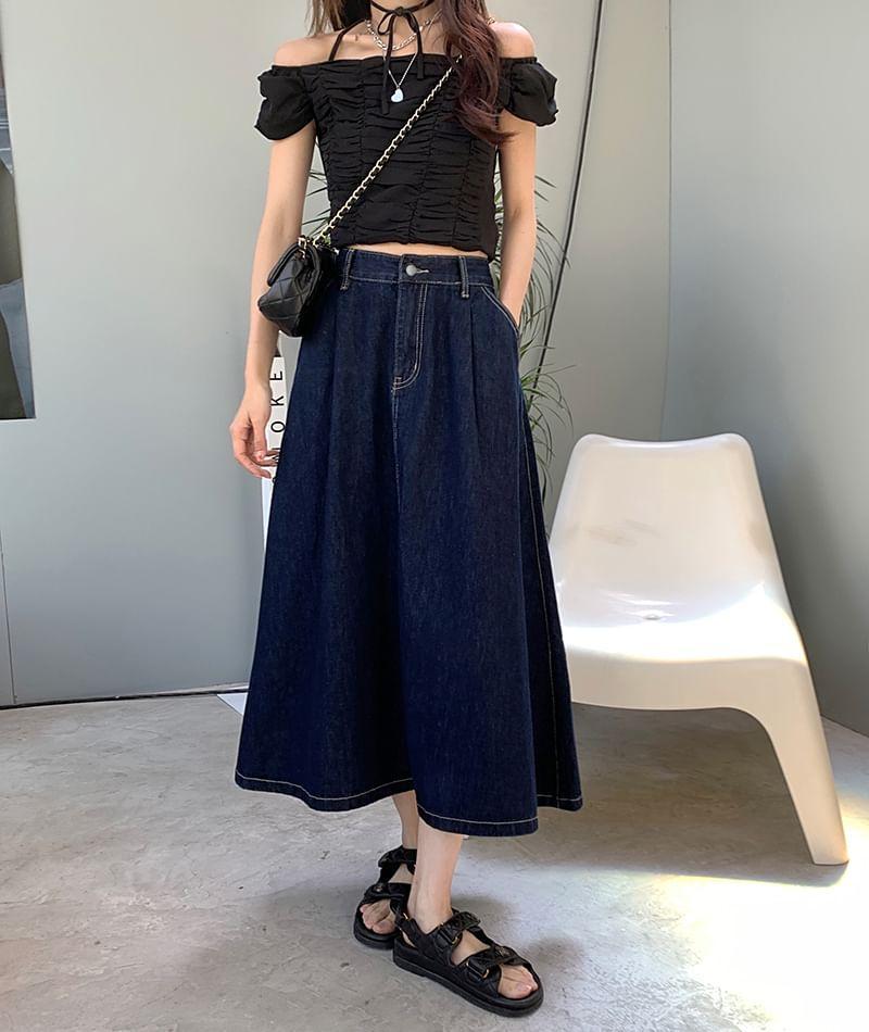 High Waist Washed Denim Midi A-Line Skirt Product Image