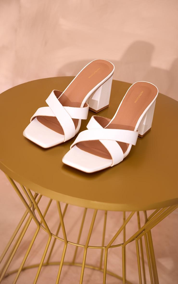 White Pu Cross Strap Block Heeled Mules Product Image